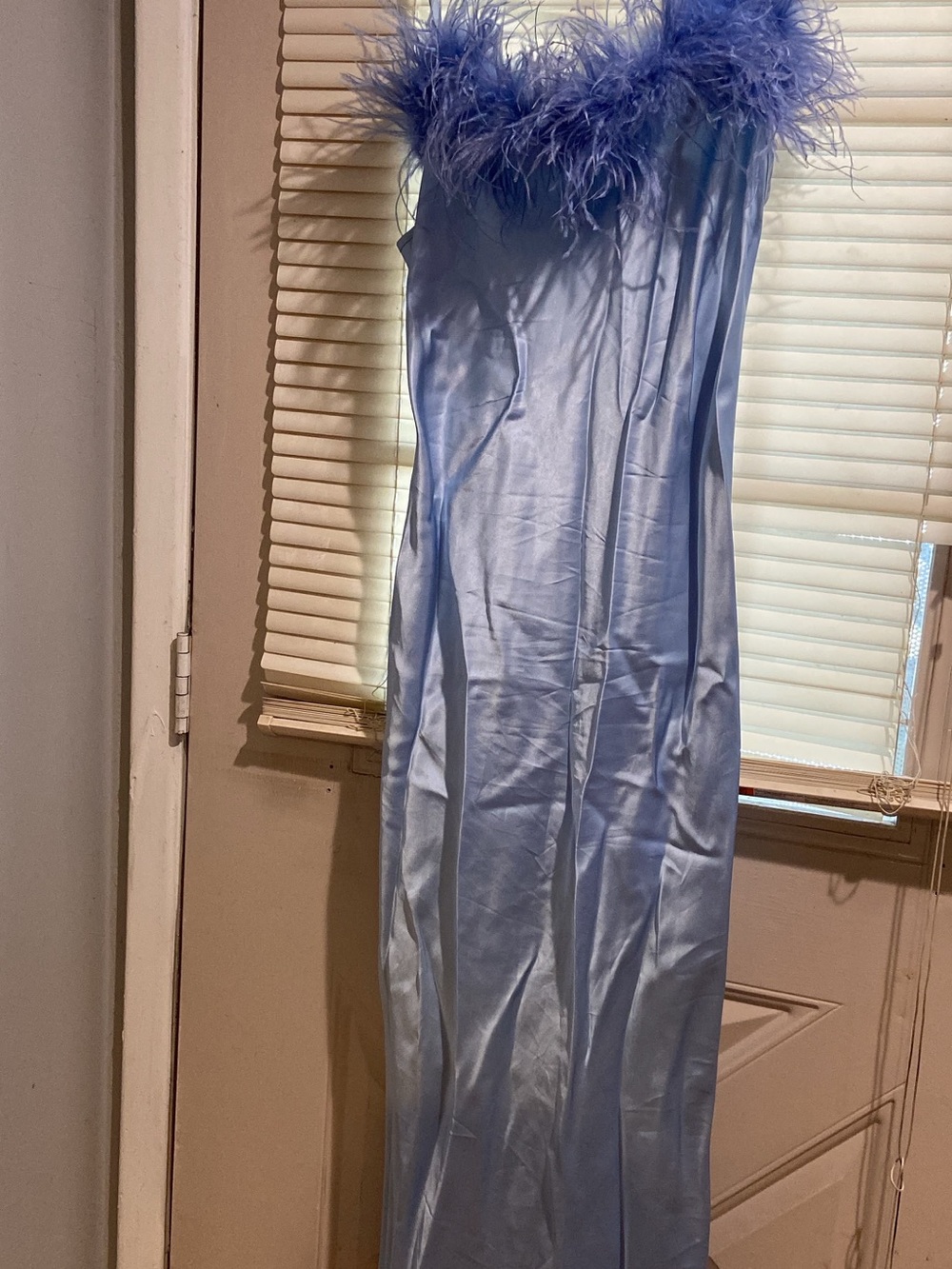 Sleeper Feather-Trim Satin Slip Dress in Light Blue Size M
